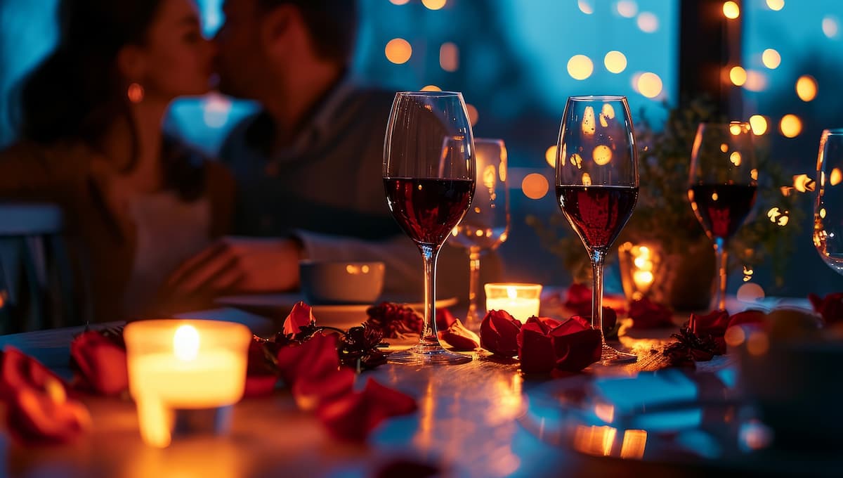 Imagem de um jantar romântico com um casal se beijando ao fundo